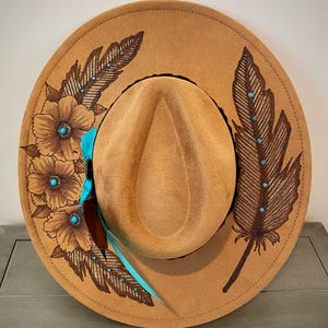 Hand-Burned Wide Brim Hat: Boho Flower & Feather Faux Suede