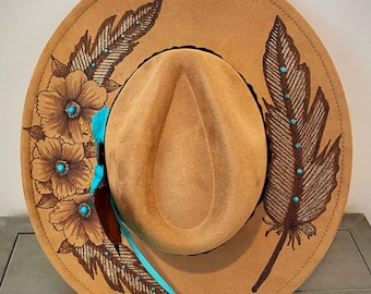 Hand Burned Green Vegan Suede Wide Brim Hat: Leafy Design - Etsy display picture 1