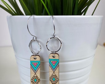 Aztec wood earrings,wood earrings,pink and turquoise earrings,boho earrings,boho jewelry,wood jewelry,southwest jewelry,southwest earrings