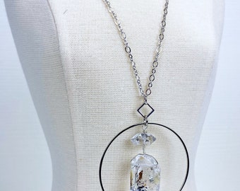 Clear quartz crystal and herkimer diamond geometric necklace