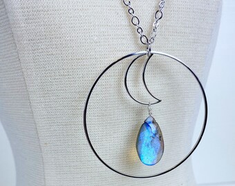 Silver moon and labradorite necklace