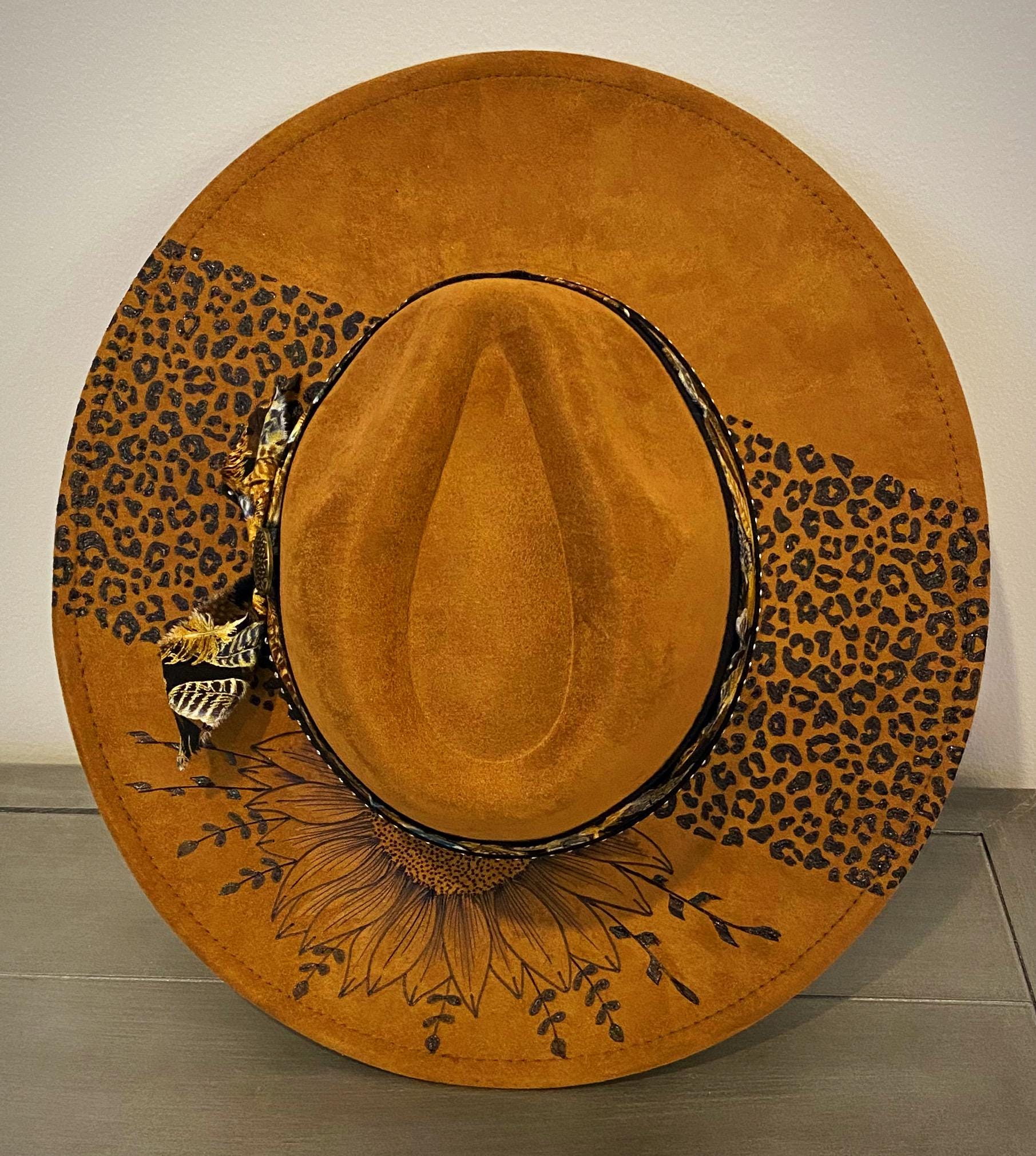 Leopard Print Fedora: Hand-burned Sunflower Khaki Hat - Etsy display picture 1
