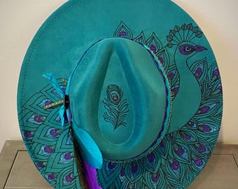 Peacock fedora,peacock hat,teal fedora,teal burned hat,hand burned hat,boho hat,boho fedora,peacock,bird hat,feather hat,moxie,cowgirl hat