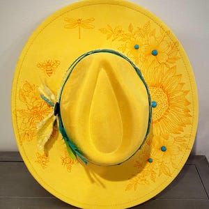 Hand Burned Yellow Fedora: Wide Brim Cowgirl Hat with Bee & Flowers
