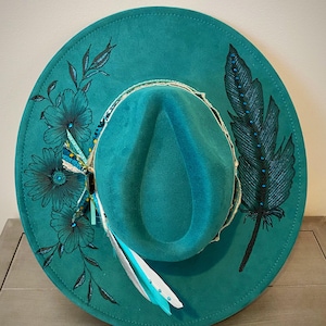 Hand burned wide brim cowgirl hat,teal wide brim Fedora,burned hat for women,western style hat with engraved design,custom burned boho hat