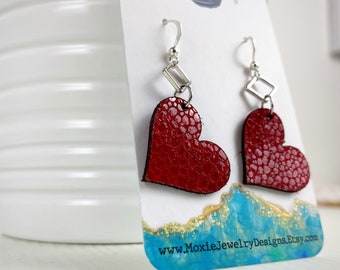Red leather heart earrings,heart earrings,red leather earrings,leather jewelry,leather earrings,valentines day,valentines jewelry,valentine