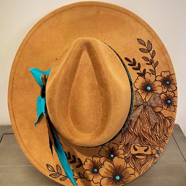 Highland Cow Wide Brim Hat,hand burned wide brim Fedora,Rancher hat with turquoise accents,burned hat for women,handmade Christmas gift