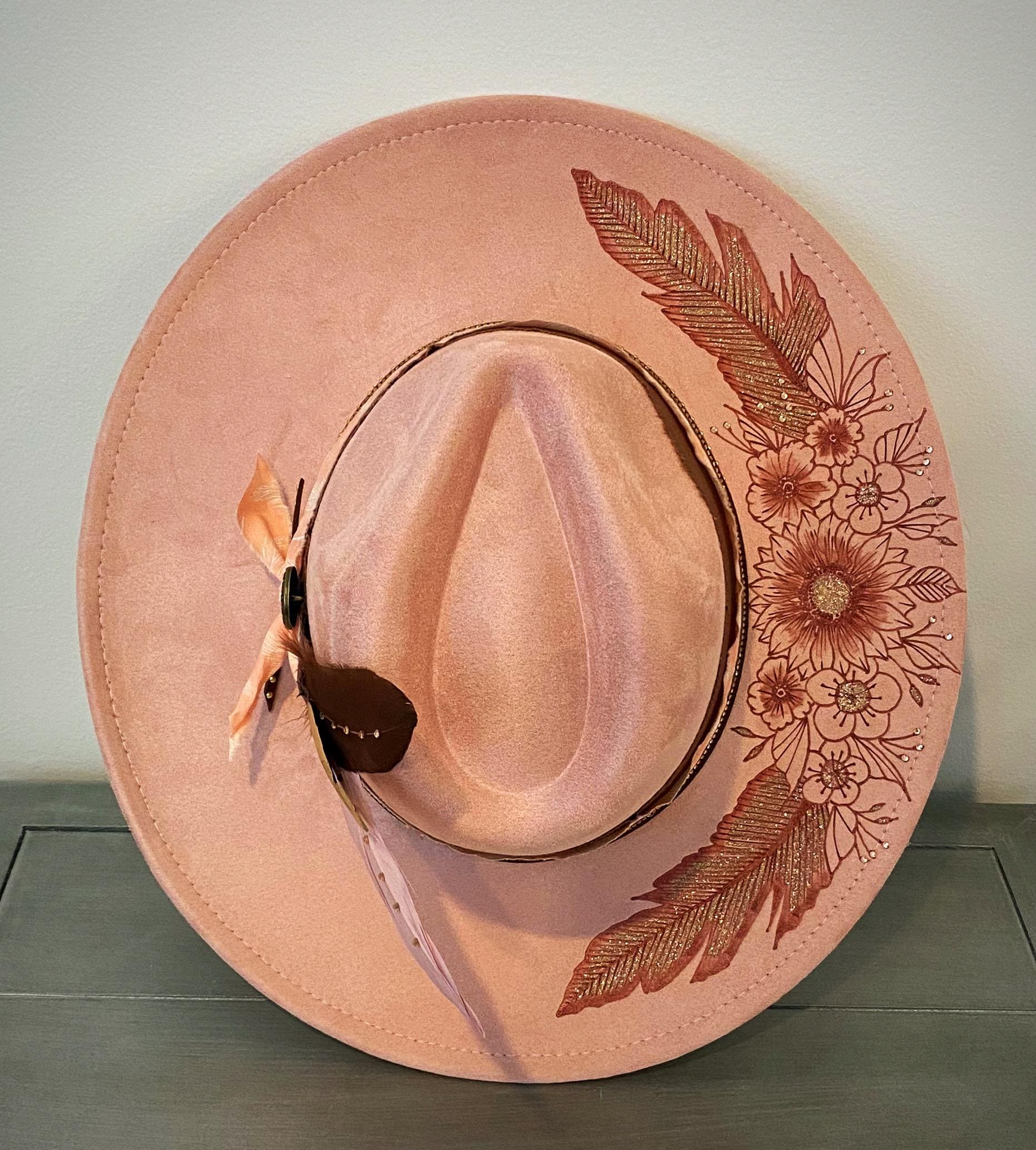 Dusty Pink Fedora,flowers and Feathers Hat,boho Hat,burned  display picture 3