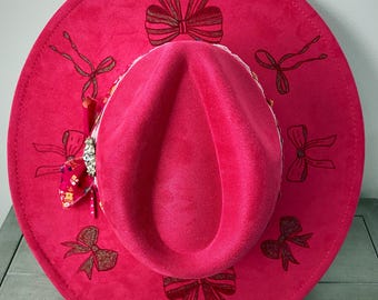 Pink Mexican Suede Burned Hat With Freehanded Rose Floral  display picture 3