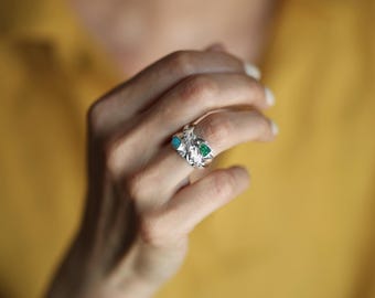 IKANI Handcrafted Silver Ring - Jewelry for Women Malachite, coral and mother of pearl Sterling Silver 925 Highest Quality Rhodium Plated