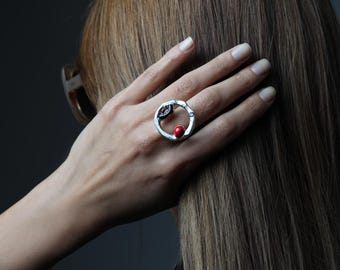 IKANI Handcrafted Silver Ring - Jewelry for Women, Jet, coral, malachite Sterling Silver 925 Highest Quality Rhodium Plated