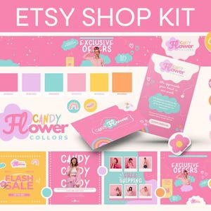 Kit per negozio Etsy rosa pastello: banner modificabili, modelli di inserzione, banner per ricevute, icone del negozio, biglietti di ringraziamento fai da te, design compatibile con Canva