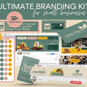 Kit de branding pour coach nutritionnel, Modèles canva modifiables, Carte de visite, Couvertures réseaux sociaux, Signatures d'e-mails, Carte de remerciement, Bannière YouTube