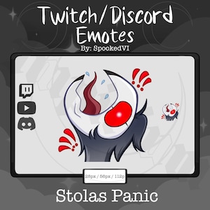 Puede incluir: Una ilustración digital de un personaje de dibujos animados con ojos rojos y la boca muy abierta, sobre un fondo blanco con el texto "Stolas Panic" en la parte inferior. La imagen es un emote de Twitch/Discord.