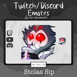 May include: A digital illustration of a cartoon character with red eyes, black hair, and a white and gray body. The character is holding a purple and white cup with a straw and is drinking from it. The character is labeled "Stolas Sip" and is 28px, 56px, and 112px in size.