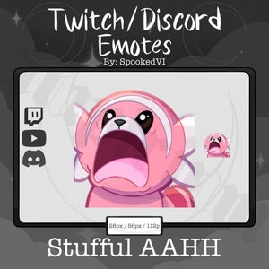 May include: A pink and white cartoon bear with a wide open mouth, making a loud sound. The bear is a Twitch and Discord emote, with the text "Stufful AAHH" below it. The emote is available in three sizes: 28px, 56px, and 112px.