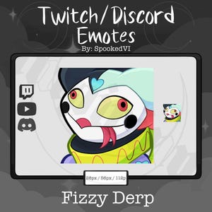 Puede incluir: Emoticonos digitales de Twitch y Discord que muestran un personaje de dibujos animados con una cara blanca, ojos amarillos y una lengua roja. El personaje tiene un sombrero negro y azul, un cuello verde y amarillo y un pequeño corazón. El texto "Fizzy Derp" está en la parte inferior.