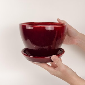 May include: A deep red ceramic plant pot with a glossy finish and a matching circular saucer base. The bowl-shaped container features smooth, rounded sides and a wide opening, designed to hold soil and plants securely within its glazed structure.