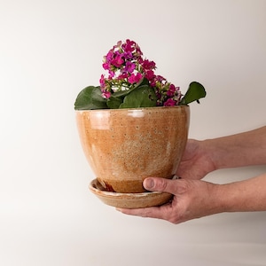 Handmade Ceramic Planter, Organic Orange Glazed Pot, Wheel Thrown Pottery Flowerpot