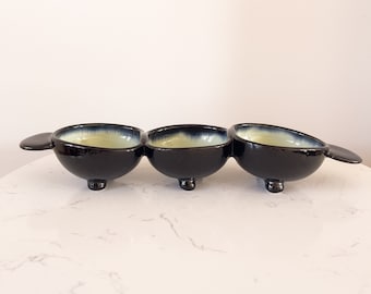 Black and Green Serving Dish, Handcrafted Porcelain Divided Bowl, Wheel Thrown Trinket Organizer, Ready To Ship!