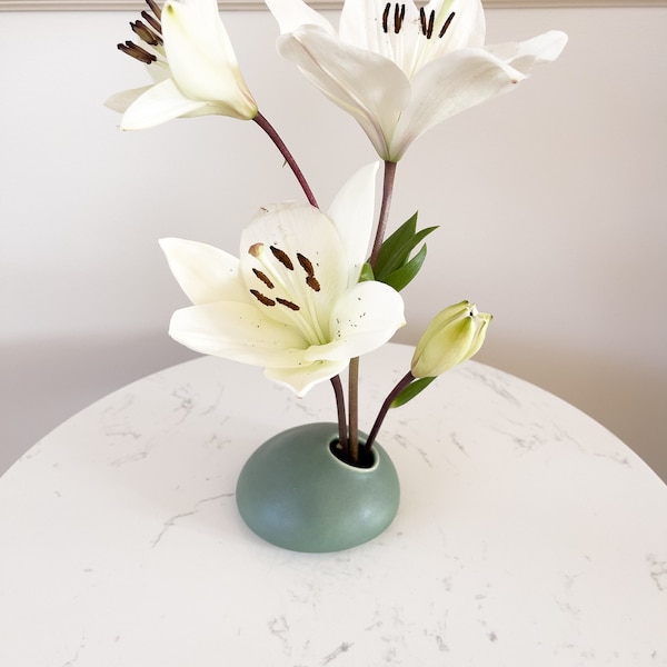 Ceramic Vase, Porcelain Ikebana Vase with Metal Flower Pin, Matte Green Japanese Inspired Decor, Ready to Ship