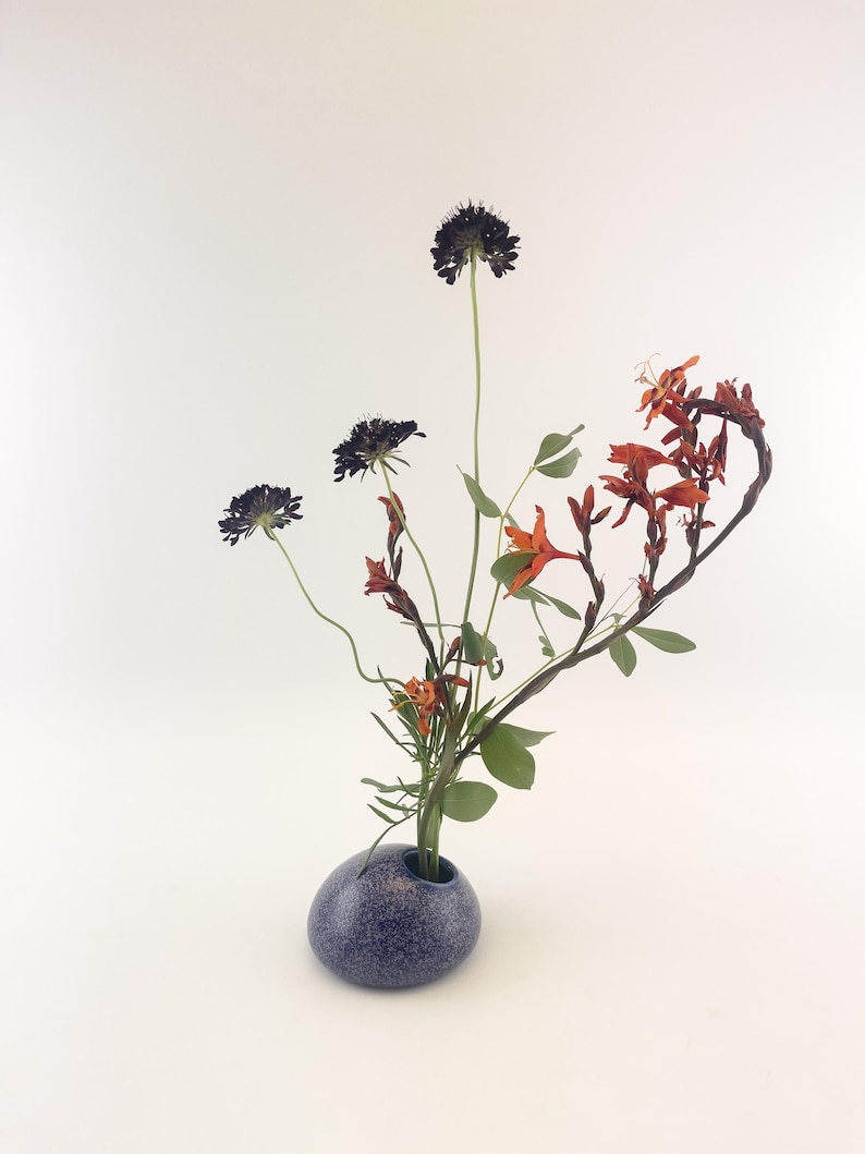 Puede incluir: Un peque&ntilde;o jarr&oacute;n azul moteado contiene un arreglo floral minimalista. El arreglo presenta flores oscuras y esf&eacute;ricas, flores naranjas y hojas verdes. El jarr&oacute;n tiene forma redondeada y una abertura estrecha, sobre un fondo blanco.