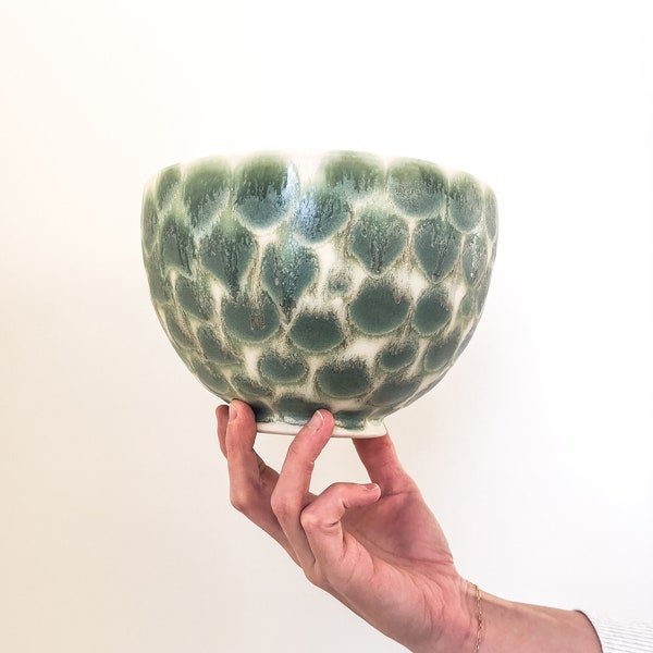 Ceramic Bowl, Wheel Thrown Soup Bowl - Elegant White Porcelain with Organic Green Drips, Perfect Gift Item, READY TO SHIP