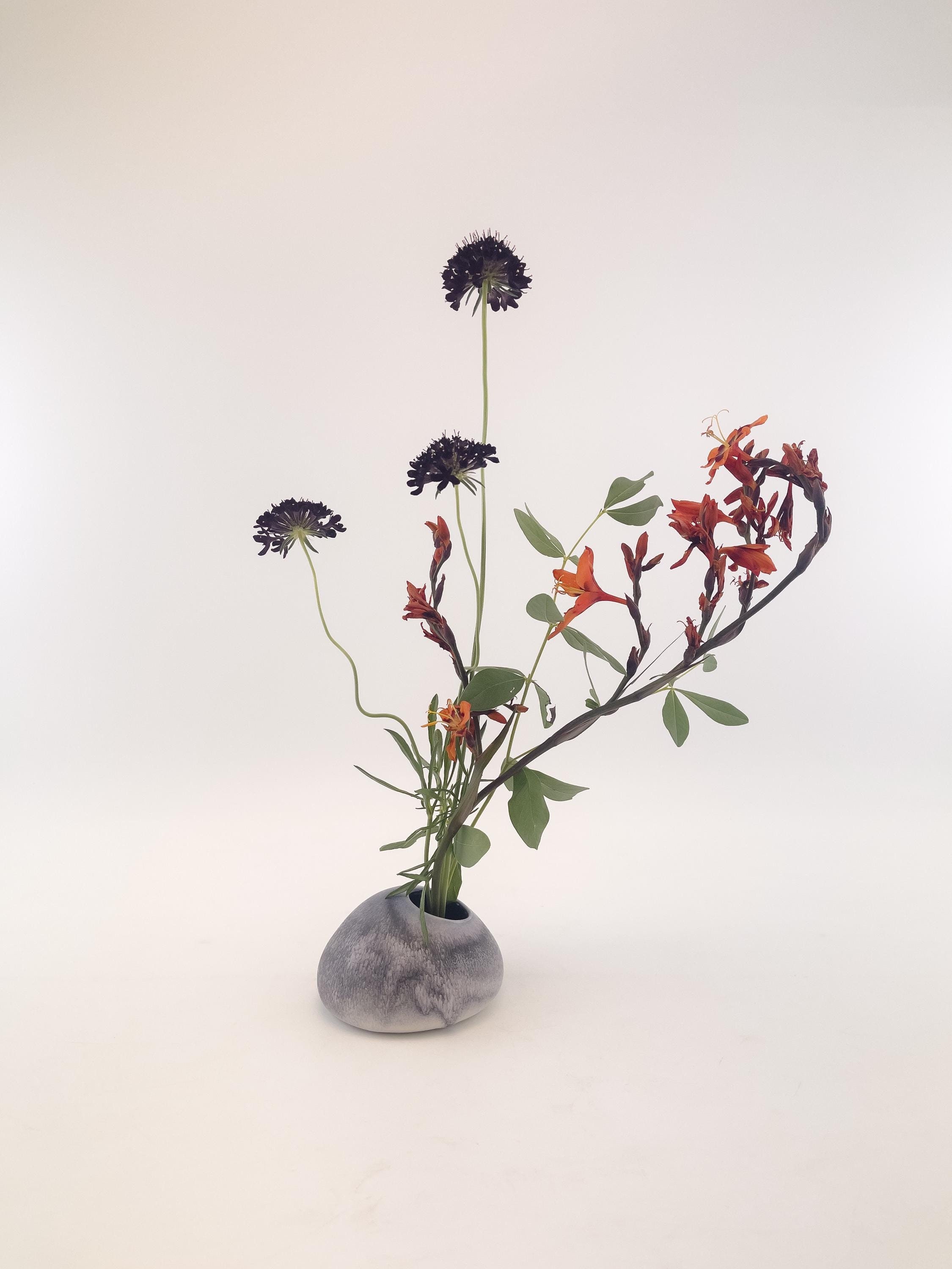 Blue Merle Ceramic Vase, Handmade Flower Vase With Built-in Frog