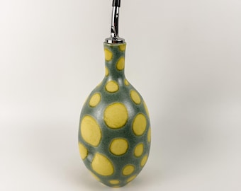 Handmade Ceramic Oil Bottle, Matte Green Yellow Spots, Artisan Kitchen Accessory