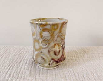 Ceramic Tea Cup, Earthy Gold and Beige Yunomi Cup with Organic Iridescent Circles, Shino Glaze, Ready to Ship