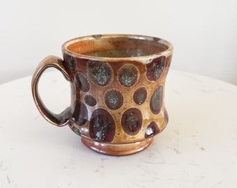 Handmade Mug, Ceramic Stoneware Coffee Mug with Shino Glaze in Orange & Purple, Ready for Gifting, Spotted Design