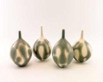 Set Of Four Handmade Vases, Modern White & Green Raindrop Flower Pots - Wheel Thrown Decor, Sleek Sculptural Design - Ready to Ship