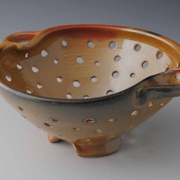 Orange and Black Colander or Fruit Bowl, Shino, Neutral Tones