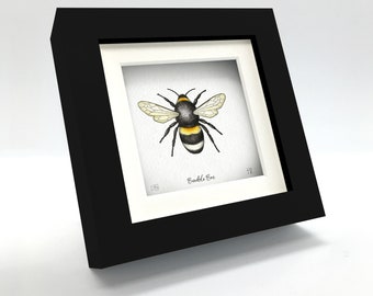 Puede incluir: Una ilustración enmarcada de un abejorro negro y amarillo con el texto "Bumble Bee" en un marco negro.