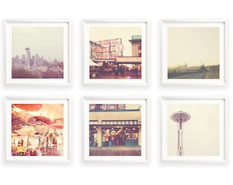 Seattle Print Set, Pacific Northwest Photography, Wedding Gift, Space Needle Photo, Starbucks, Gallery Wall Decor