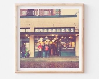 Photo of The First Starbucks Seattle, Pike Place Market Print, Coffee Lovers Artwork, Kitchen Decor, Food Print, 8x8 10x10