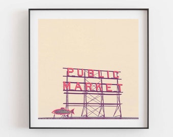 Pike Place Market Print, Seattle Photography, Neon Sign Photo, Pacific Northwest Art, Kitchen Decor, Travel