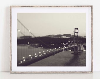 Black and White Print, San Francisco Photography, Golden Gate Bridge Photo, Cityscape Wall Art, Bokeh, For Men, Dads, Office Decor