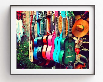 Guitar Photo, las guitarras, Music Art Print, Southwest Decor, Latin, Kids Room, Colorful Nursery Wall Art, Aqua, Turquoise