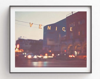 Venice Beach Sign Print, Gifts for Him, Venice California Photo, Bokeh, Los Angeles at Night, Teens Room, Horizontal Wall Art