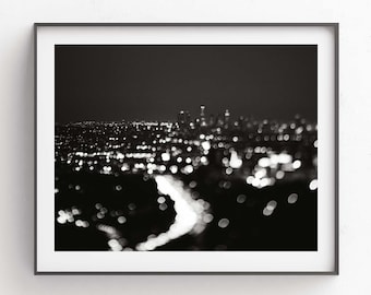 Black and White Los Angeles Photograph, Cityscape Print, LA Skyline Photo, Bokeh, Dorm Decor, Abstract Artwork