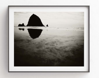 Haystack Rock Black and White Photo, Oregon Coast Fine Art Print