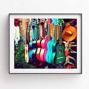 Guitar Photo, las guitarras, Music Art Print, Southwest Decor, Latin, Kids Room, Colorful Nursery Wall Art, Aqua, Turquoise image 1