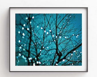 Blue Baby Nursery Art, Lights in Tree Photograph, Winter Decor, Girls Room Print, Living Room Wall, Bedroom, Nursery, Nature Photo