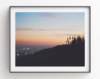 Fotografía nocturna de Los Ángeles, arte mural de paisaje urbano, impresión de puesta de sol, fotografía de paisaje, regalo de boda, bokeh, habitación de niñas