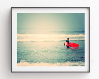 Surfer Art Print, Red Surfboard Photo, Beach Photography, Ocean Waves, Boys Room Decor, Dads, Gift for Him