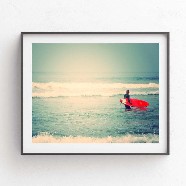 Surfer Art Print, Red Surfboard Photo, Beach Photography, Ocean Waves, Boys Room Decor, Dads, Gift for Him