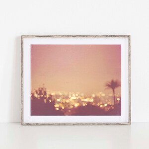 Los Angeles Cityscape Photo, Palm Tree Art, Bokeh Lights Photography, LA Print, Peach Girls Room Decor, Nursery image 1