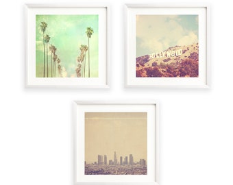 LA Wall Art, Los Angeles Print Set, 3 photos, Hollywood, Palm Trees, LA Skyline, California Decor, Wedding Gift