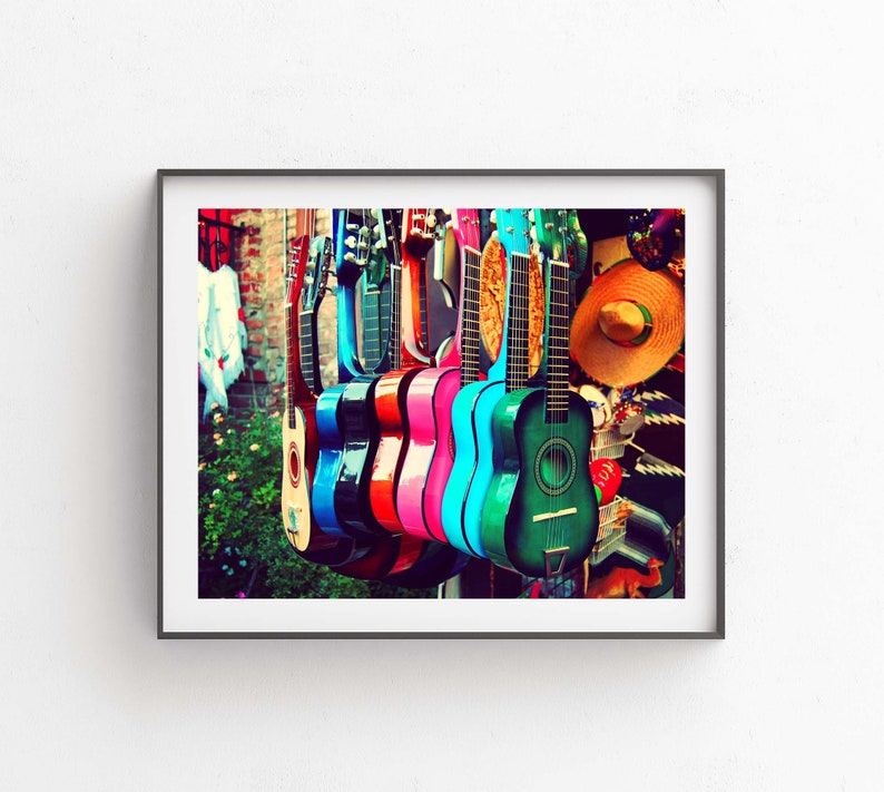 Guitar Photo, las guitarras, Music Art Print, Southwest Decor, Latin, Kids Room, Colorful Nursery Wall Art, Aqua, Turquoise image 1